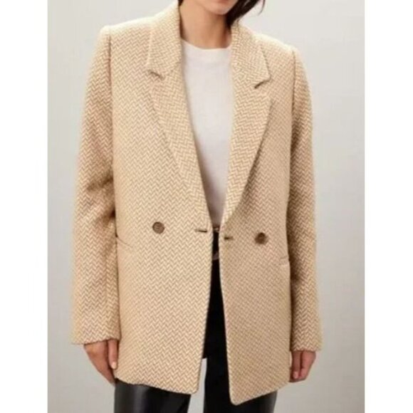 Anine Bing Fishbone Blazer Hearringbone Size Lrg Tan Cream Career Classic Wool - Picture 2 of 15
